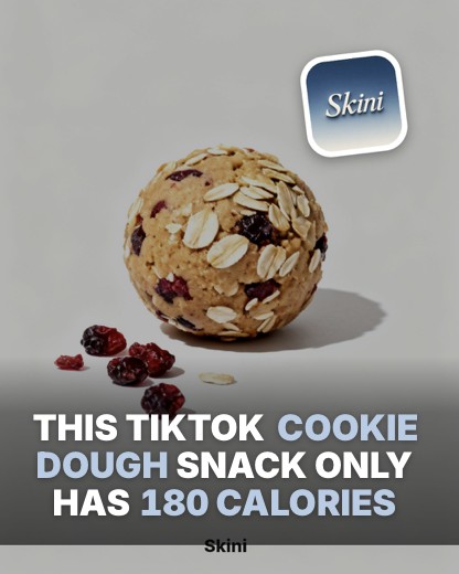 A Skini post of an oat cookie dough ball reading this TikTok cookie dough snack only has 180 calories