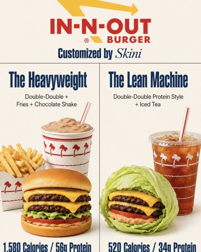 A Skini post comparing two In-N-Out orders, the Heavyweight at 1,580 calories and the Lean Machine at 520