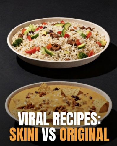 A Skini post of two bowls, titled viral recipes, Skini versus original